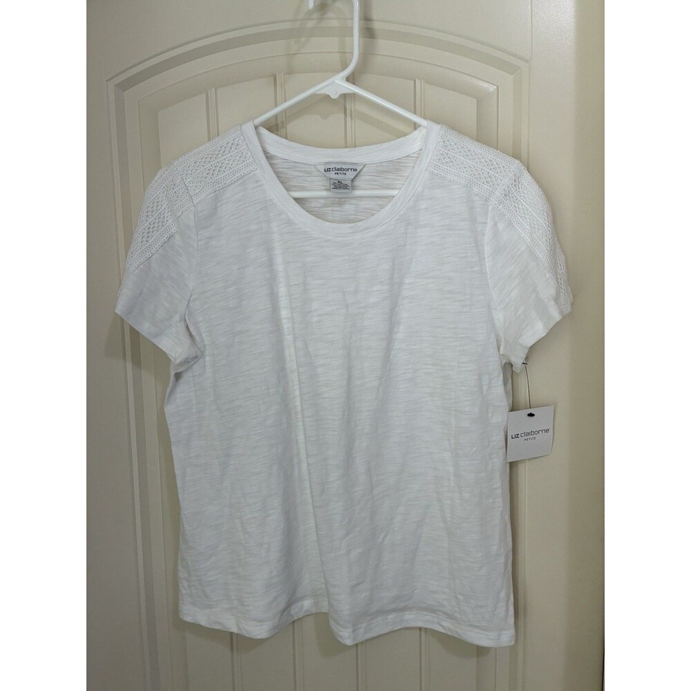 Liz Claiborne White Womens Top Sz Petite Large with Decorative Trim  NWT